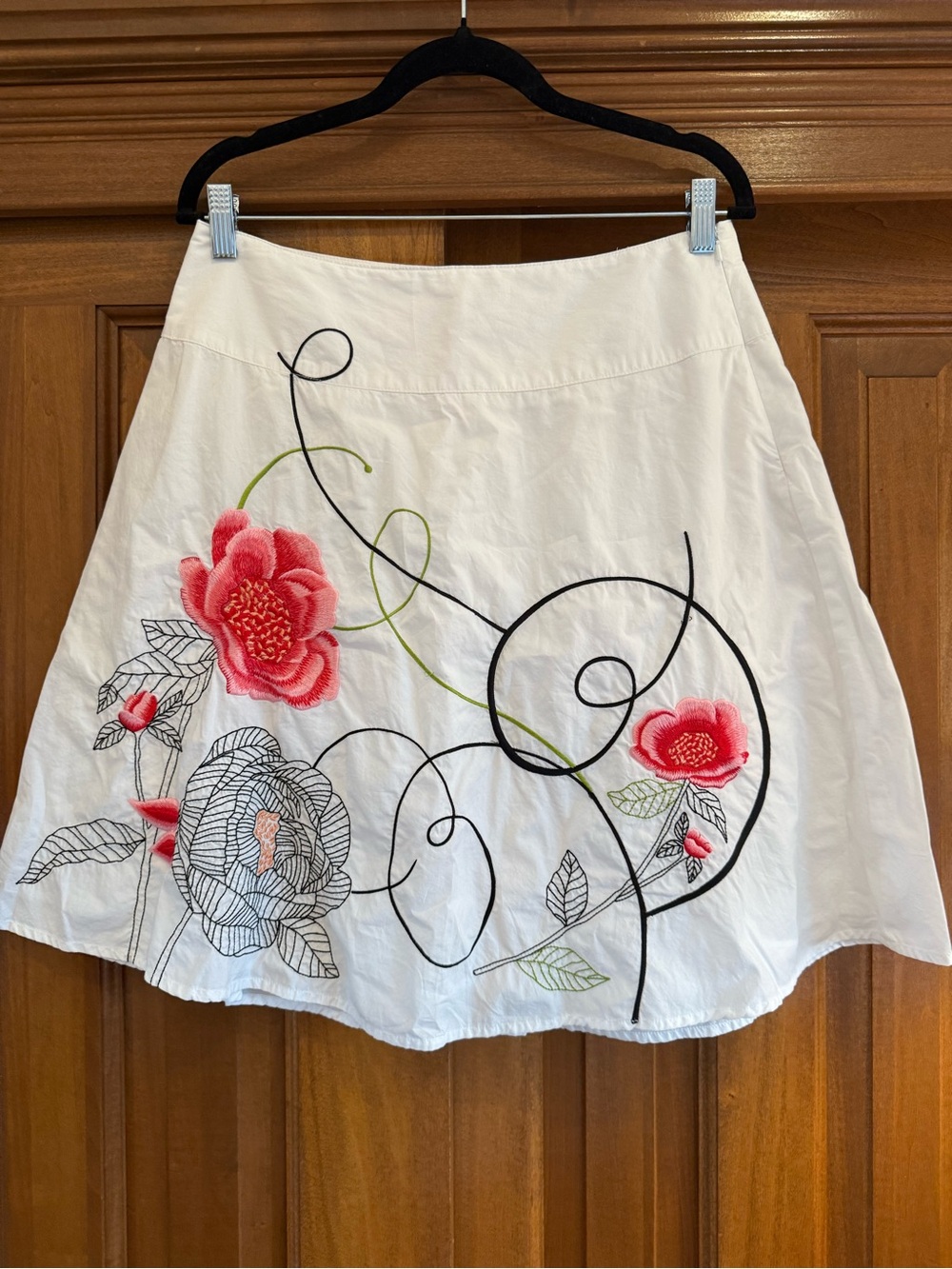 Talbots White A-Line Skirt with Pink Floral Embroidery